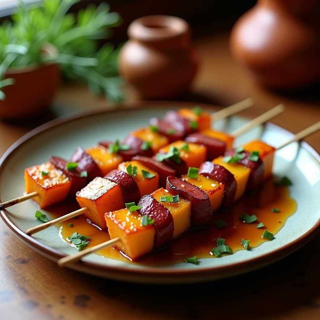 Brochetas de Ñame y Chorizo Vegano con Glaseado de Miel de Agave: Receta en Airfryer con Toque Español