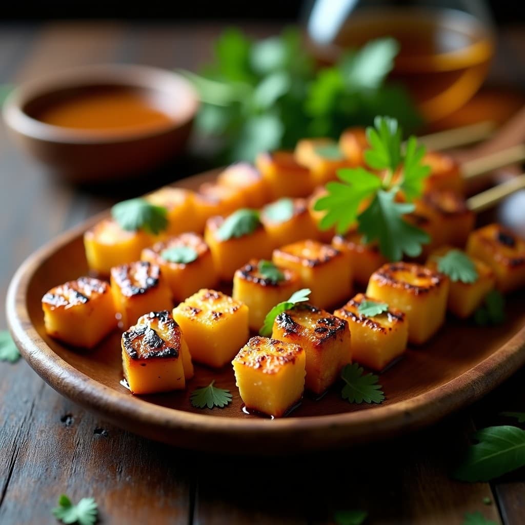 Brochetas de Corazón de Palmito y Queso Halloumi con Glaseado de Miel de Dátil: Aperitivo Brasileño Keto