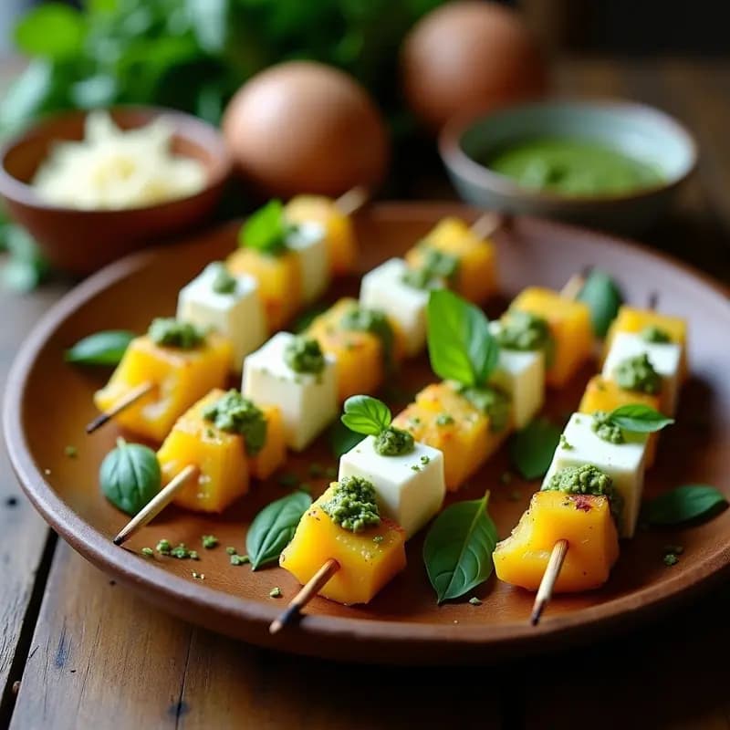 Brochetas de Corazón de Palmitos y Queso de Búfala con Pesto de Albahaca: Entrante Brasilero Gourmet