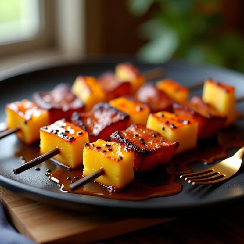 Brochetas de Piña Asada y Bacon Vegano con Glaseado de Sriracha: Receta Picante en 15 Minutos