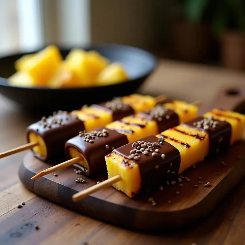 Brochetas de Piña Asada con Chocolate 100% y Semillas de Chía: Postre Mexicano en Airfryer Sin Azúcar