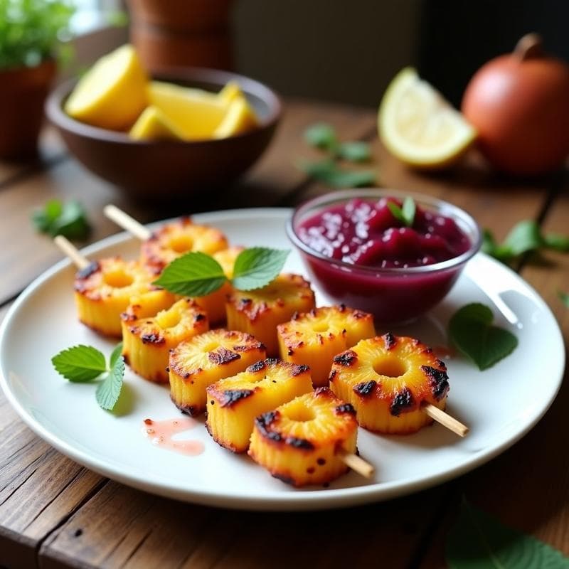Brochetas de Piña Asada con Chutney de Cebolla Morada: Receta en Airfryer y Vegana