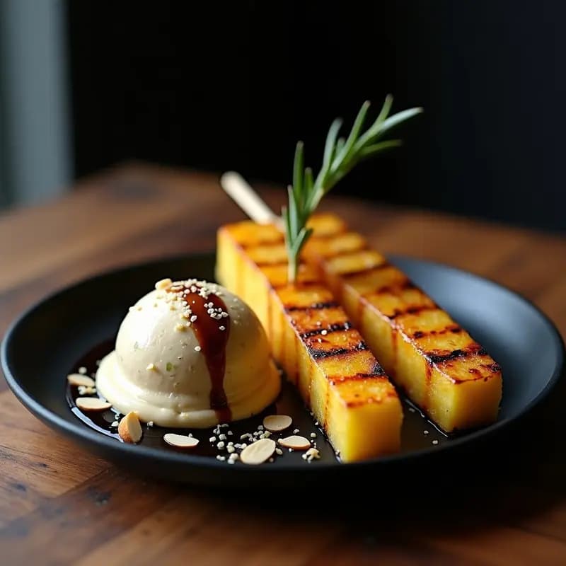 Brochetas de Piña Asada con Helado de Ajo Negro: Postre Español Gourmet a la Parrilla