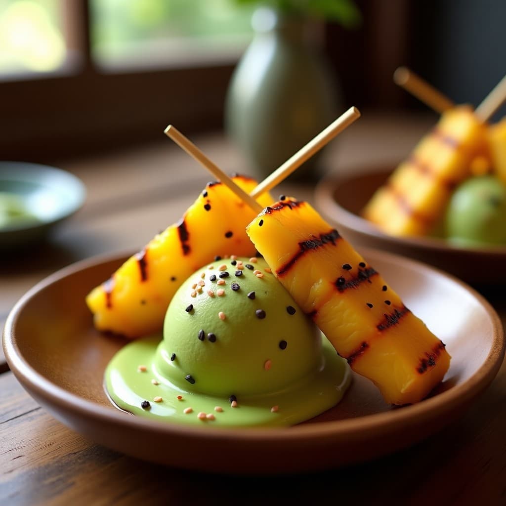 Brochetas de Piña Asada con Helado de Matcha: Postre Japonés-Peruano en Grill