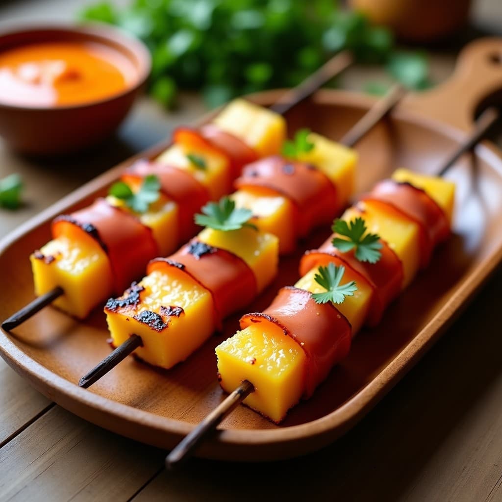 Brochetas de Piña Asada y Jamón Serrano con Salsa de Mango Habanero: Entrante Dulce-Salado