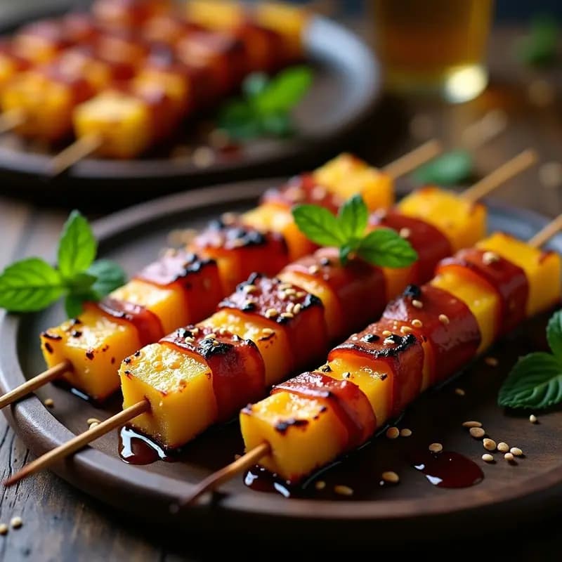 Brochetas de Piña Asada con Bacon de Túnez y Reducción de Miel: Postre Árabe Dulce-Salado