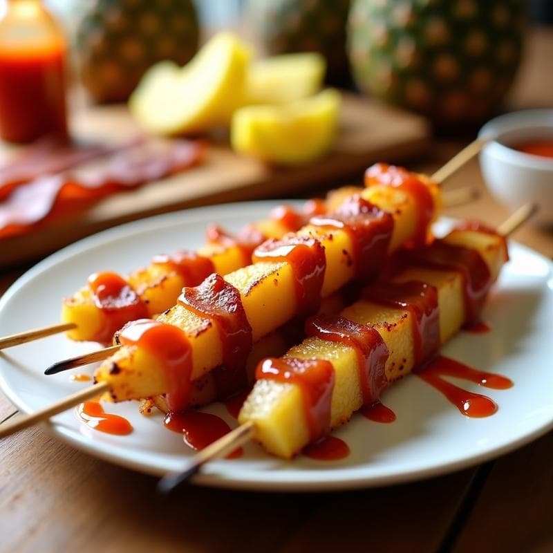 Brochetas de Piña Caramelizada con Bacon Vegano y Salsa Sriracha: Receta Dulce-Salada en Airfryer
