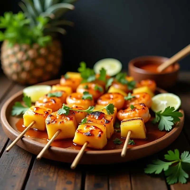 Brochetas de Piña y Camarón con Salsa de Miel y Jalapeño: Receta Fusion Mexicana-Tailandesa