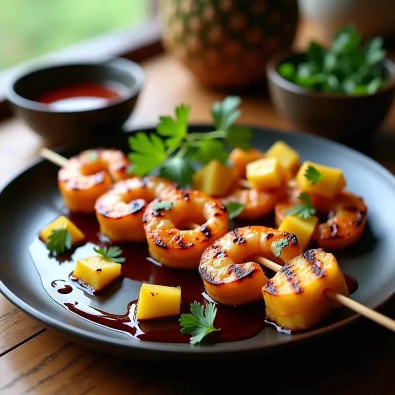 Brochetas de Piña y Camarones con Salsa de Tamarindo: Receta Thai en Grill Dulce-Ácida