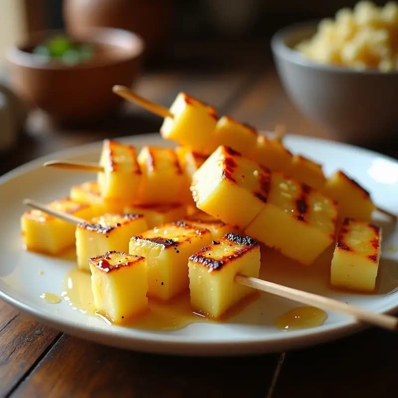 Brochetas de Piña y Camembert con Miel de Agave: Postre Francés en Grill Rápido y Sin Harina