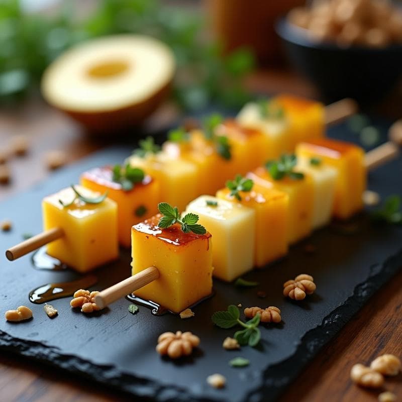 Brochetas de Piña y Camembert con Miel de Eucalipto: Aperitivo Francés Gourmet
