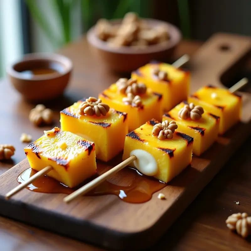 Brochetas de Piña y Camembert con Sirope de Arce y Nueces: Postre Francés en 10 Minutos