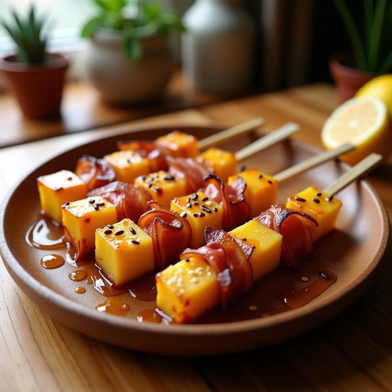 Brochetas de Piña Caramelizada con Bacon Vegano: Postre o Entrante Dulce-Salado