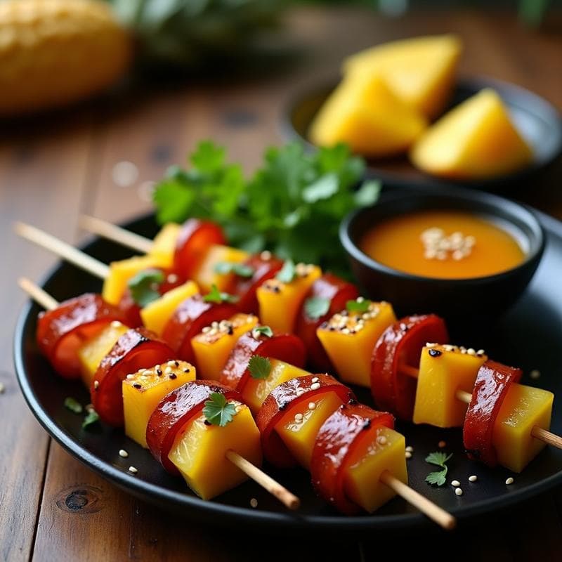 Brochetas de Piña y Chorizo al Miel de Mango: Aperitivo Tailandés-Español en 15 Minutos