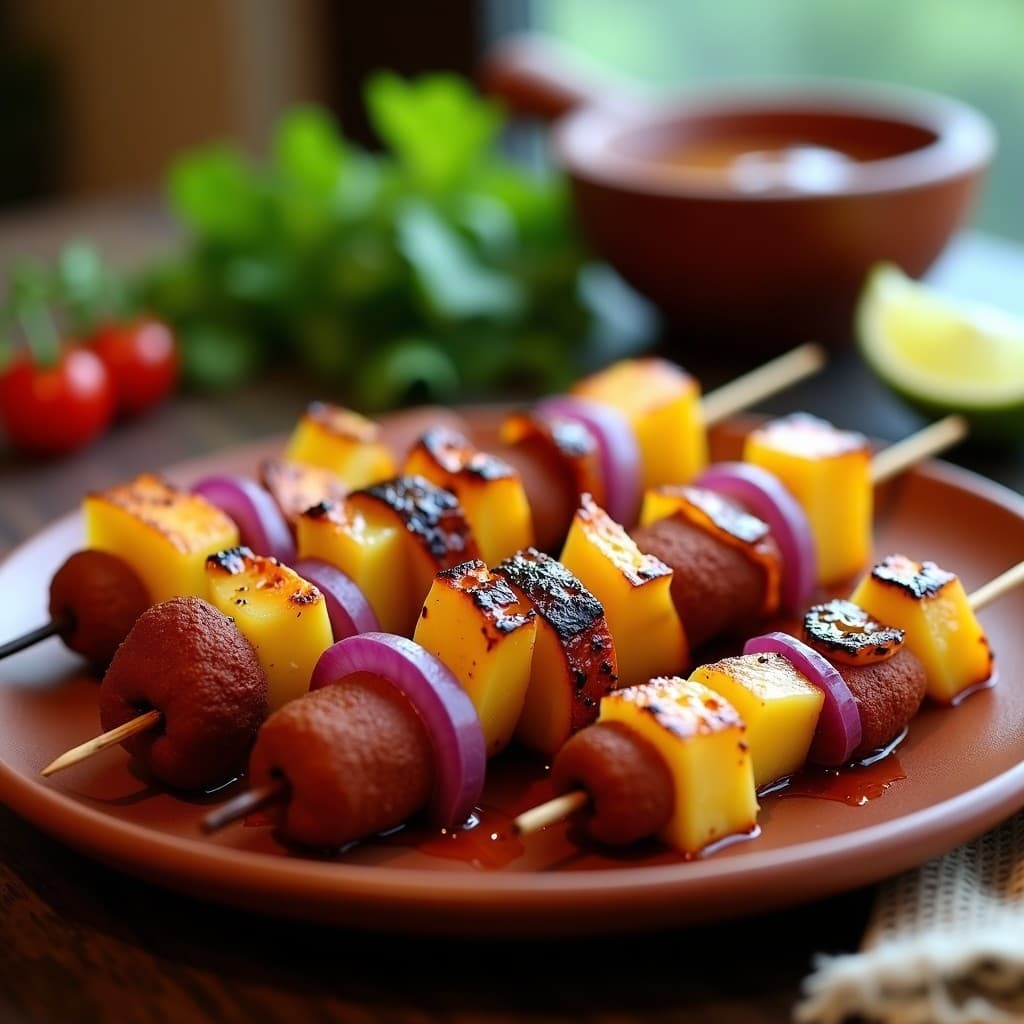 Brochetas de Piña y Chorizo Vegano con Glaseado de Chile: Receta Mexicana en Grill en 15 Minutos