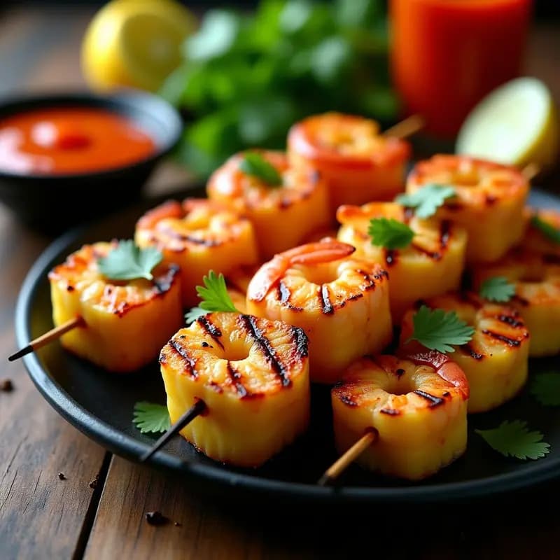 Brochetas de Piña y Gamberones con Salsa de Chile Habanero: Receta Mexicana-Asiática a la Parrilla