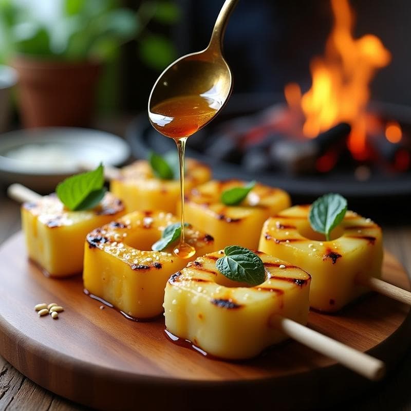 Brochetas de Piña y Queso Halloumi con Miel de Agave: Postre Grillado Dulce-Salado