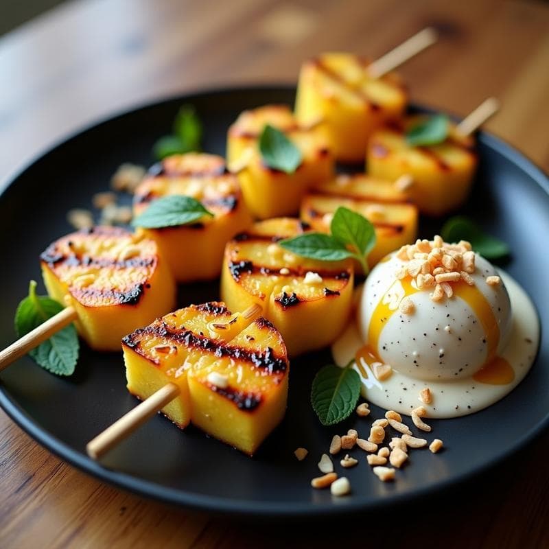 Brochetas de Piña Asada con Helado de Chía y Miel de Agave: Postre Tailandés Sin Azúcar en 10 Minutos