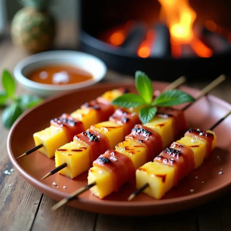 Brochetas de Piña y Jamón Serrano con Salsa de Mostoza: Receta Española en Grill