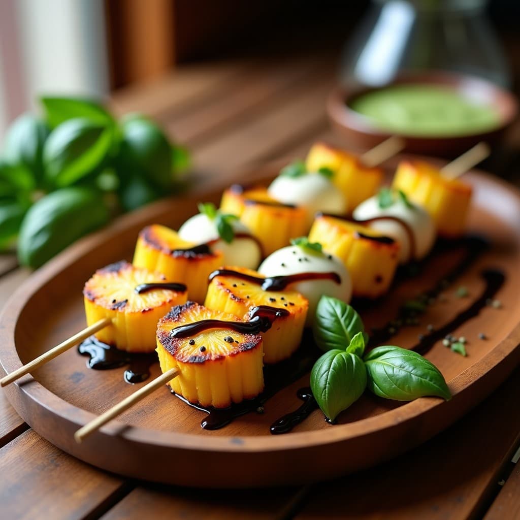 Brochetas de Piña y Mozzarella de Anacardos con Salsa de Albahaca: Postre Vegano al Estilo Caprese