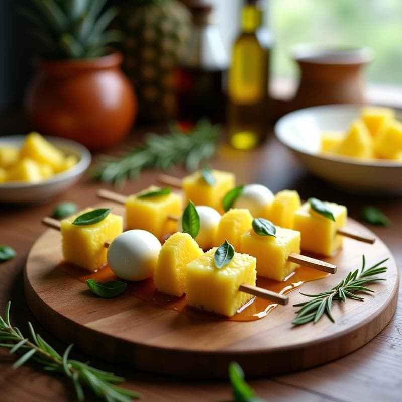 Brochetas de Piña, Mozzarella de Búfala y Albahaca con Glaseado de Miel: Aperitivo Italiano en 10 Minutos