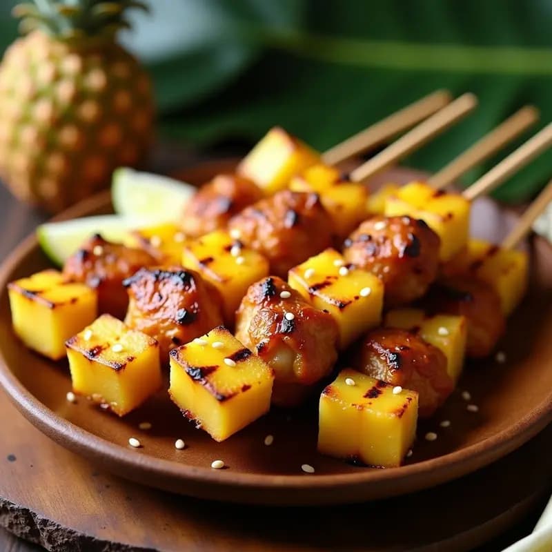 Brochetas de Piña Asada con Pollo al Miso y Sésamo: Receta Hawaiana en 20 Minutos