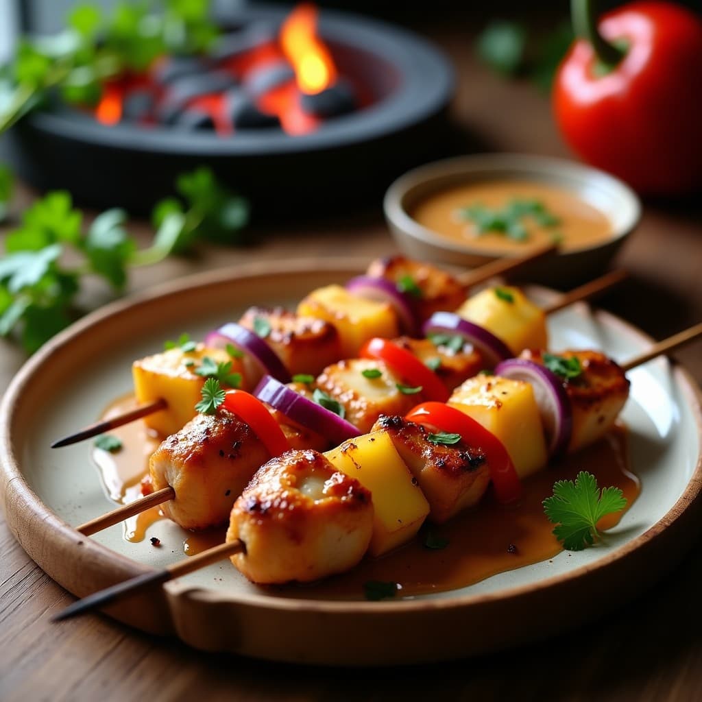 Brochetas de Piña y Pollo al Sate con Cacahuete: Receta Indonesia en Grill y Sin Lactosa