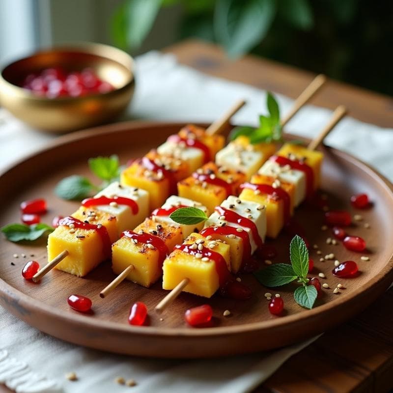 Brochetas de Piña Asada y Queso Feta con Salsa de Granadina: Aperitivo Árabe en 15 Minutos