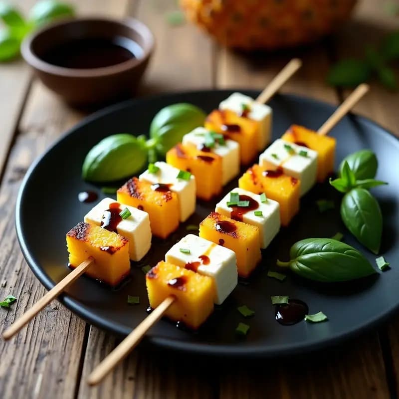Brochetas de Piña y Queso Feta con Reduce de Vinagre Balsámico: Receta Griega Dulce-Salada