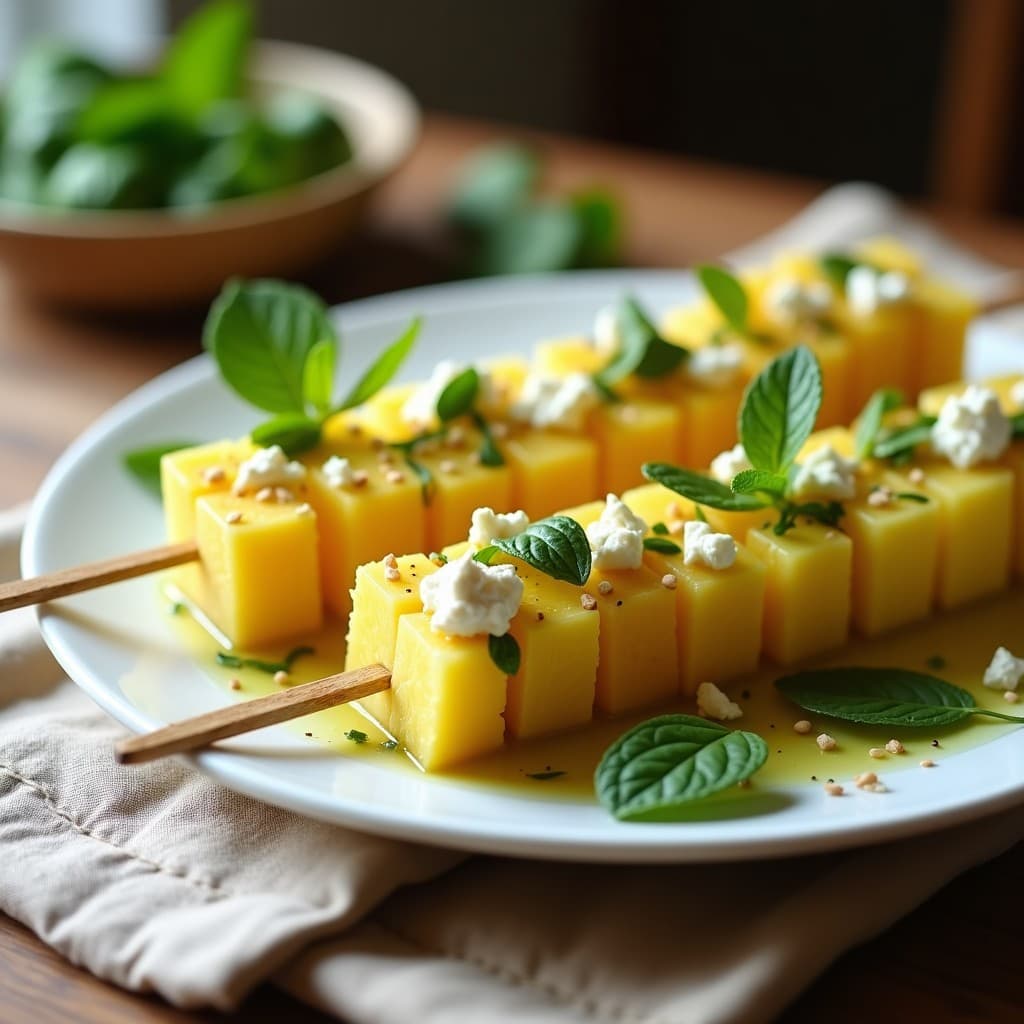 Brochetas de Piña y Queso Feta con Vinagreta de Menta: Entrante Griego en 10 Minutos