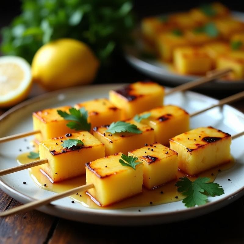 Brochetas de Piña y Queso Manor con Sirope de Miel y Pimienta: Aperitivo Indio Dulce-Salado en Grill