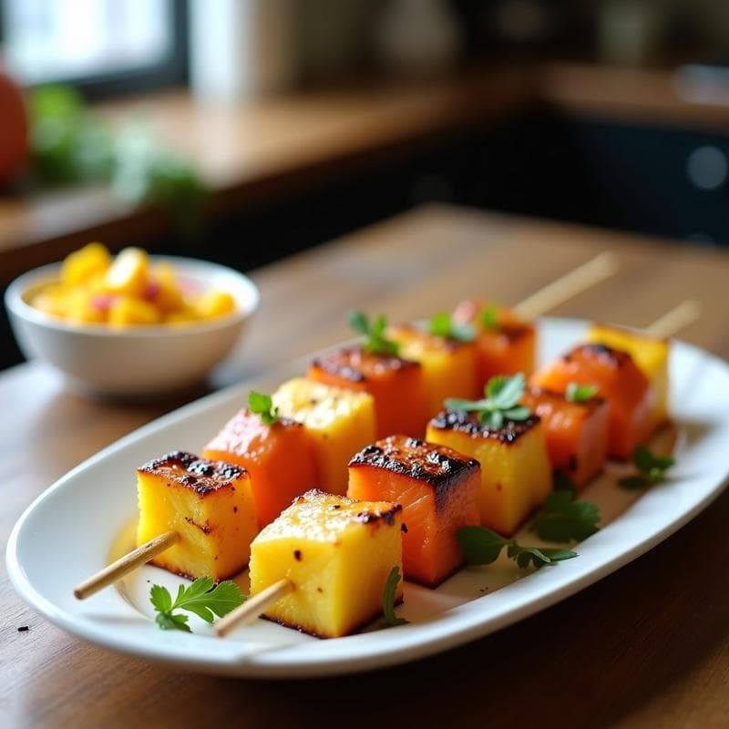 Brochetas de Piña y Salmón Ahumado: Aperitivo Dulce-Salado con Salsa de Mango y Jalapeño