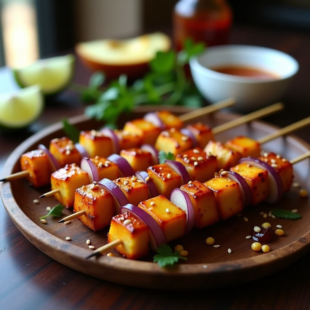 Brochetas de Piña Caramelizada y Tempeh con Salsa Sriracha-Miel: Receta Vegana al Horno