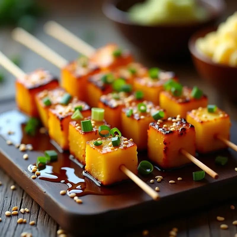 Brochetas de Piña y Tofu Ahumado con Glaseado de Miel y Sésamo: Dulce-Salado que Enamora