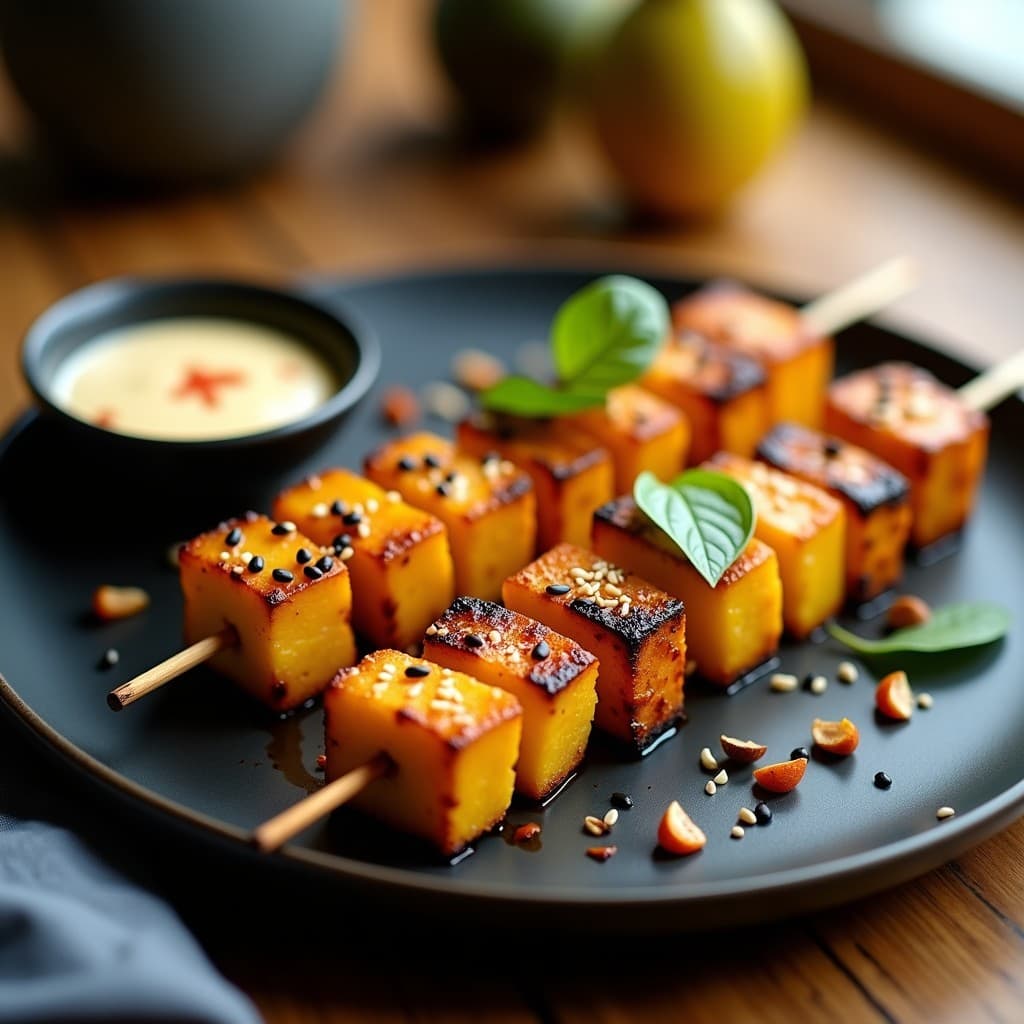 Brochetas de Piña y Tofu Ahumado: Entrante Vegano con Salsa de Sésamo