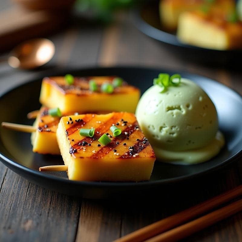 Brochetas de Piña Caramelizada y Tofu con Helado de Wasabi: Postre Japonés Dulce-Picante Sin Azúcar
