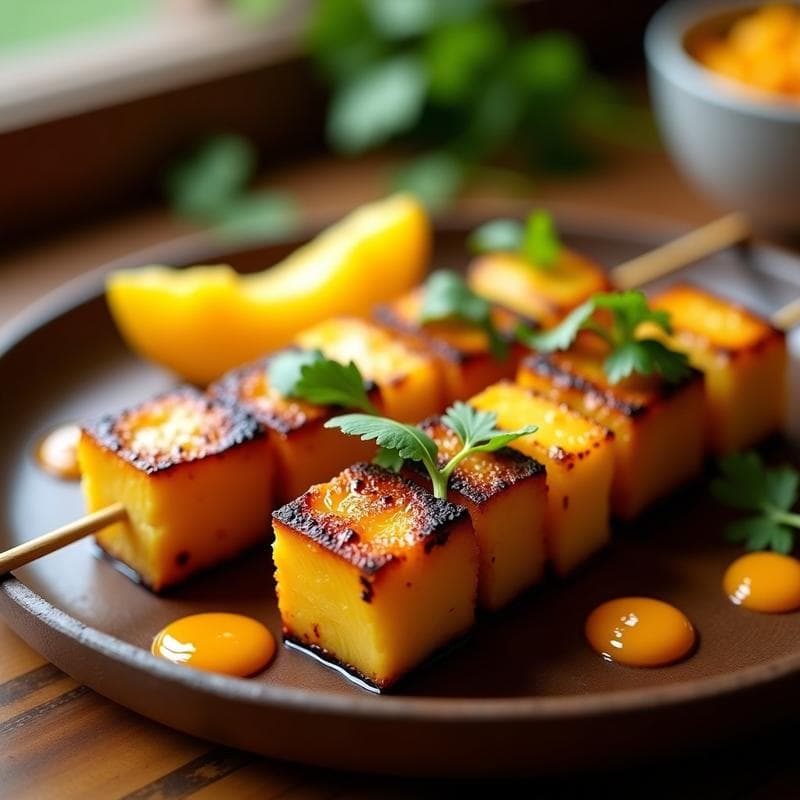 Brochetas de Piña Caramelizada y Tofu Marinado: Postre Vegano a la Plancha con Salsa de Mango