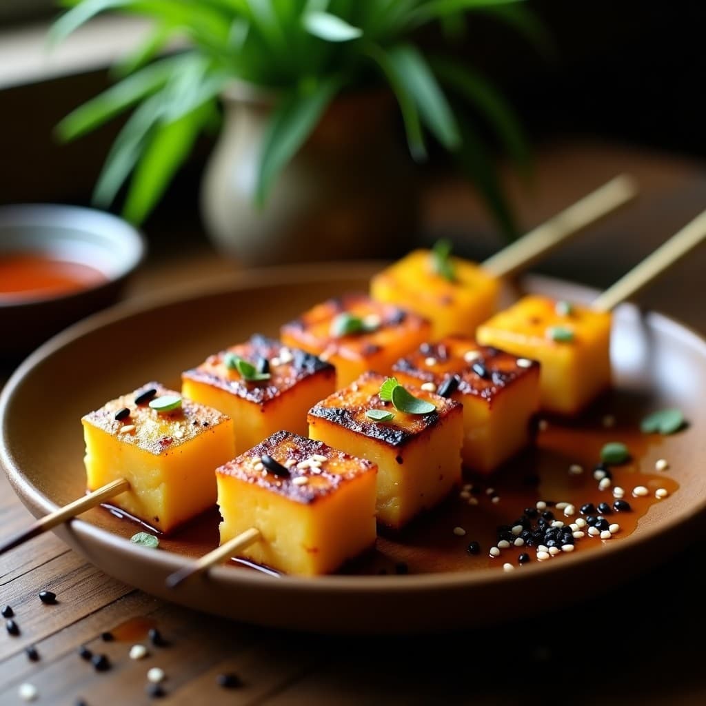 Brochetas de Piña y Tofu Marinado en Teriyaki: Aperitivo Vegano Japonés en Grill