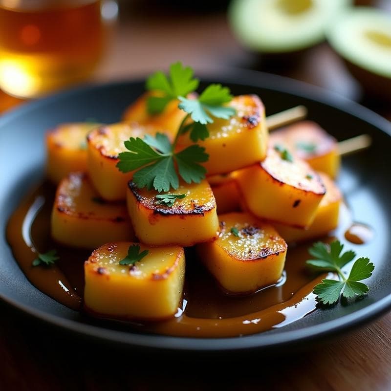 Brochetas de Plantain Maduro y Queso de Cabra: Aperitivo Caribeño al Grill con Salsa de Guayaba