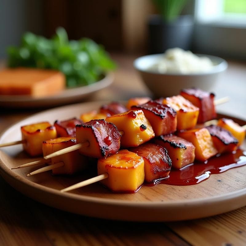 Brochetas de Plátano Macho y Bacon Vegano con Salsa Barbacoa: Receta Americana en Airfryer