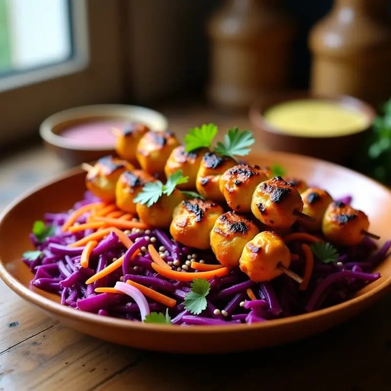 Brochetas de Pollo Marinado en Cúrcuma y Miel con Ensalada de Col Morada: Receta India en Grill