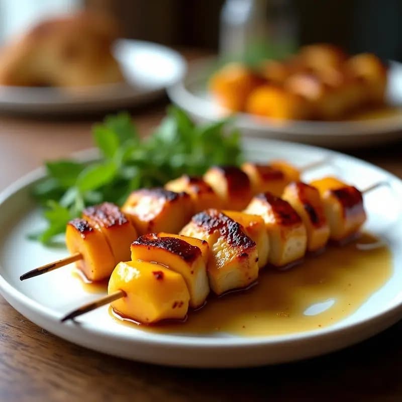 Brochetas de Pollo y Melocotón con Glaseado de Miel y Jengibre: Receta China a la Parrilla