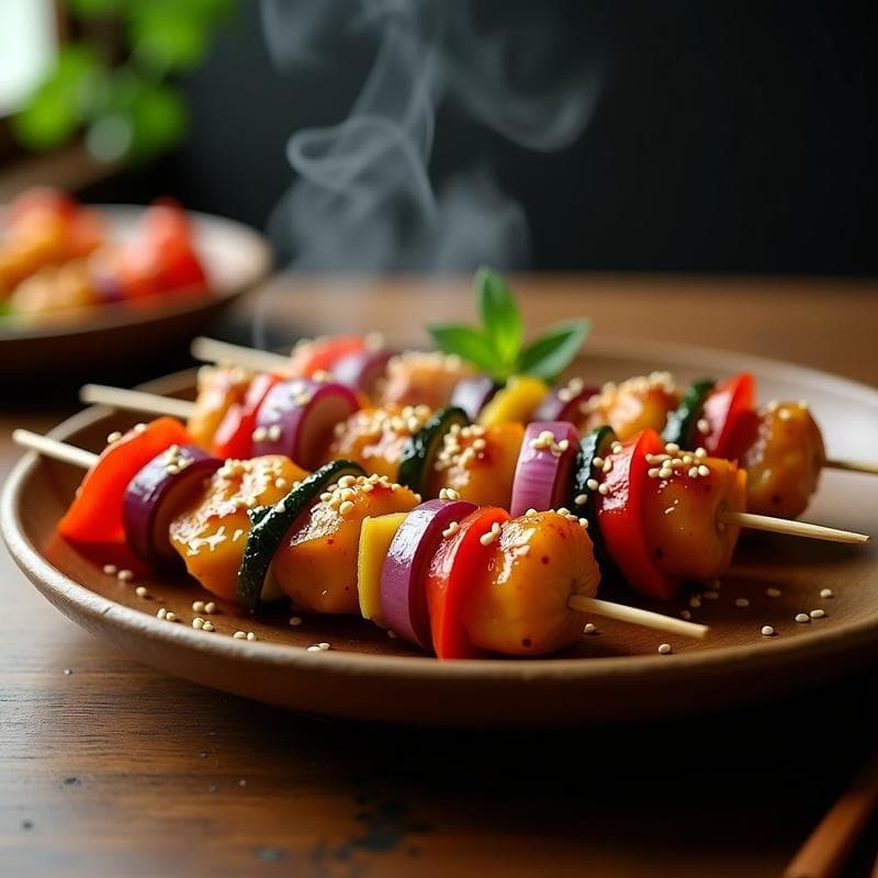 Brochetas de Pollo Marinado en Miel y Sésamo con Verduras: Receta Japonesa en Airfryer