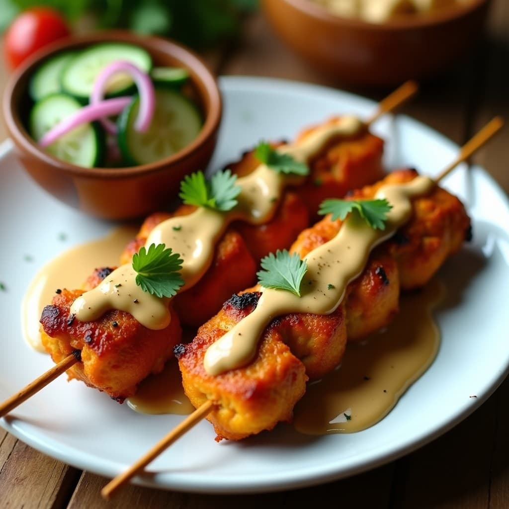 Brochetas de Pollo Tikka con Satay de Cacahuete y Ensalada de Pepino: Receta Indiana en Airfryer