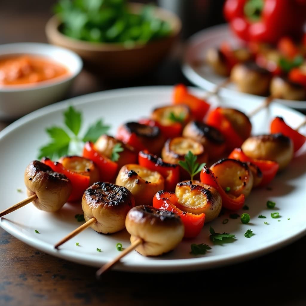 Brochetas de Champiñones Portobello y Pimiento Rojo: Receta Vegana en Airfryer con Salsa Romesco