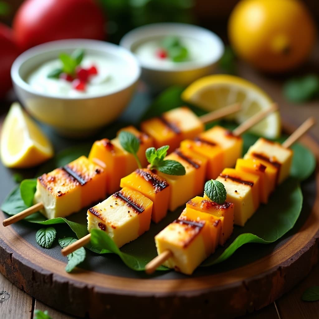 Brochetas de Queso Paneer y Mango con Salsa de Menta: Aperitivo Indio en Grill con Toque Fresco