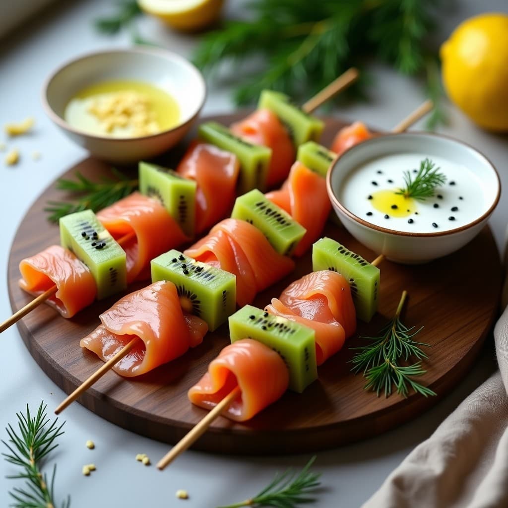 Brochetas de Salmón Ahumado y Kiwi con Salsa de Yogur Griego: Aperitivo Keto en 10 Minutos