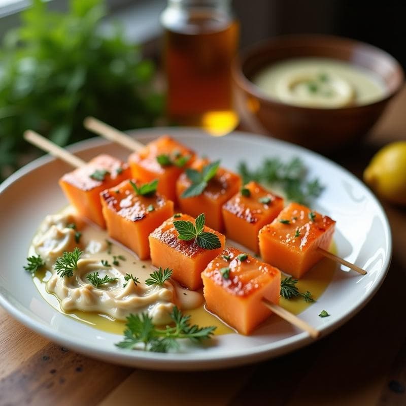 Brochetas de Salmón Ahumado y Melón Cantalupo: Aperitivo Francés con Salsa de Eneldo