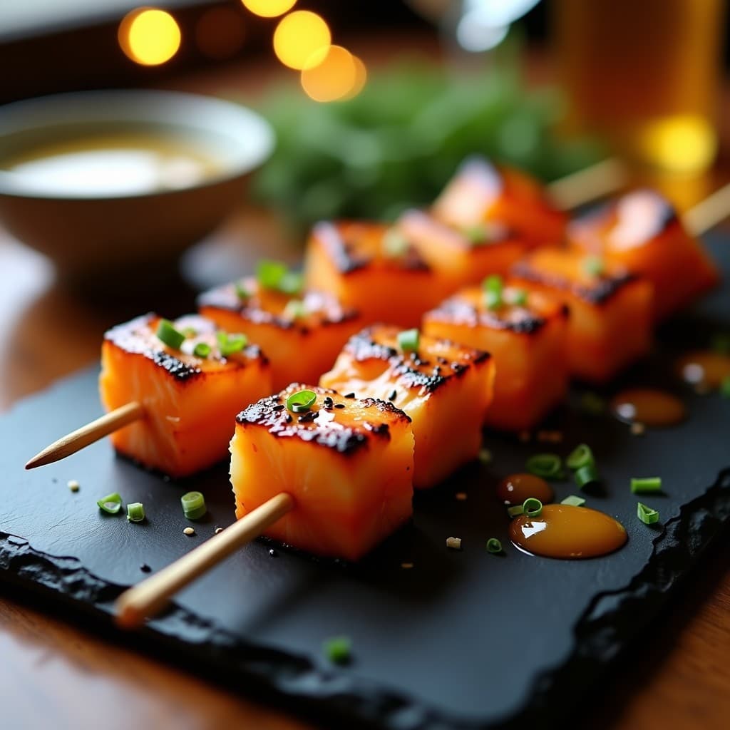 Brochetas de Salmón Ahumado y Piña con Reducción de Miel y Wasabi: Aperitivo Japonés Gourmet