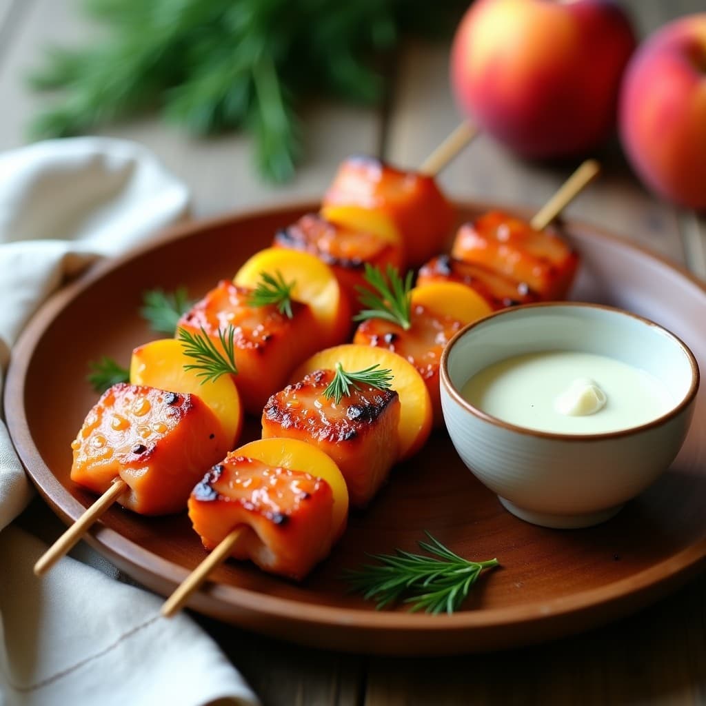 Brochetas de Salmón Marinado y Melocotón con Salsa de Eneldo: Receta Escandinava en Airfryer